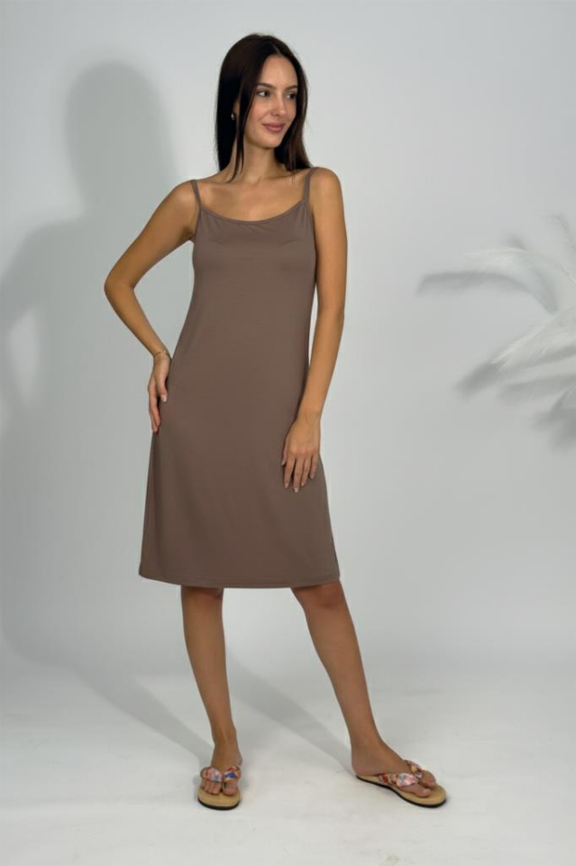 Kadın Pamuklu Penye Viskon İp Askılı İçlik Tunik VİZON - S/M