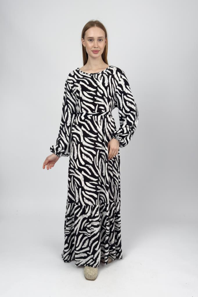 Kadın Pamuklu Desenli Uzun Elbise Siyah - S