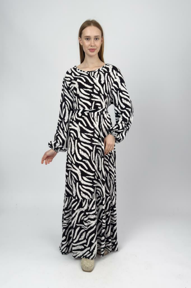 Kadın Pamuklu Desenli Uzun Elbise SİYAH - M