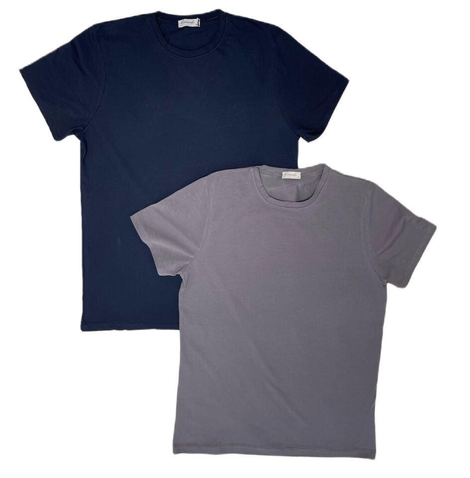 Erkek Slim Fit Dar Kesim Bisiklet Yaka Kısa Kol Pamuklu 2'li Tişört Paketi Lacivert Gri - XL