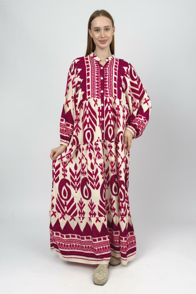 Kadın Pamuklu Desenli Uzun Elbise Pembe - S