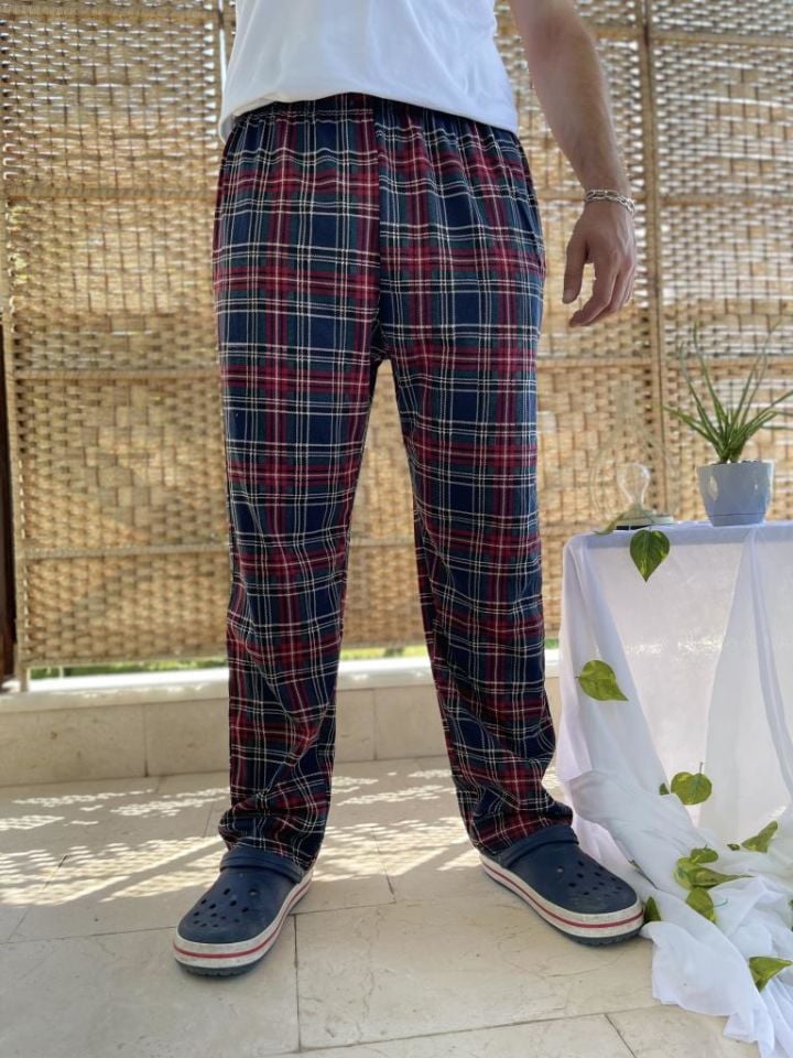 Betimoda %100 Pamuk Kareli Beli Lastikli Cepli Erkek Pijama Altı Bordo Kareli - S