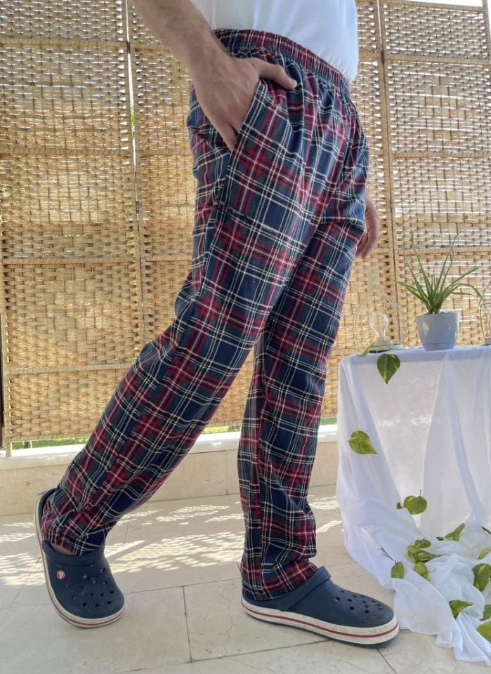 Betimoda %100 Pamuk Kareli Beli Lastikli Cepli Erkek Pijama Altı Bordo Kareli - S