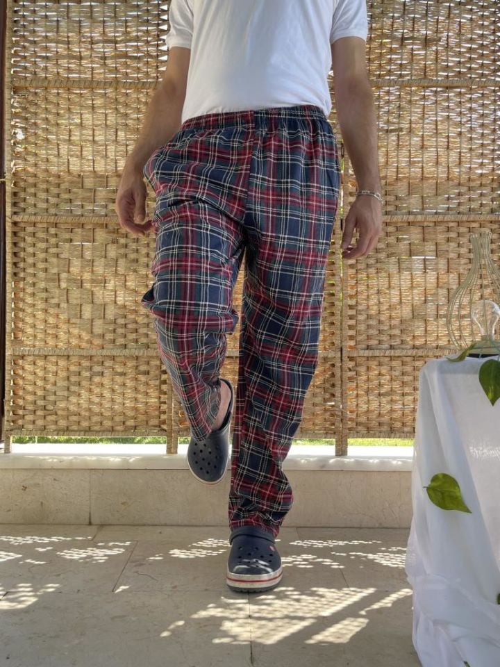 Betimoda %100 Pamuk Kareli Beli Lastikli Cepli Erkek Pijama Altı Bordo Kareli - S
