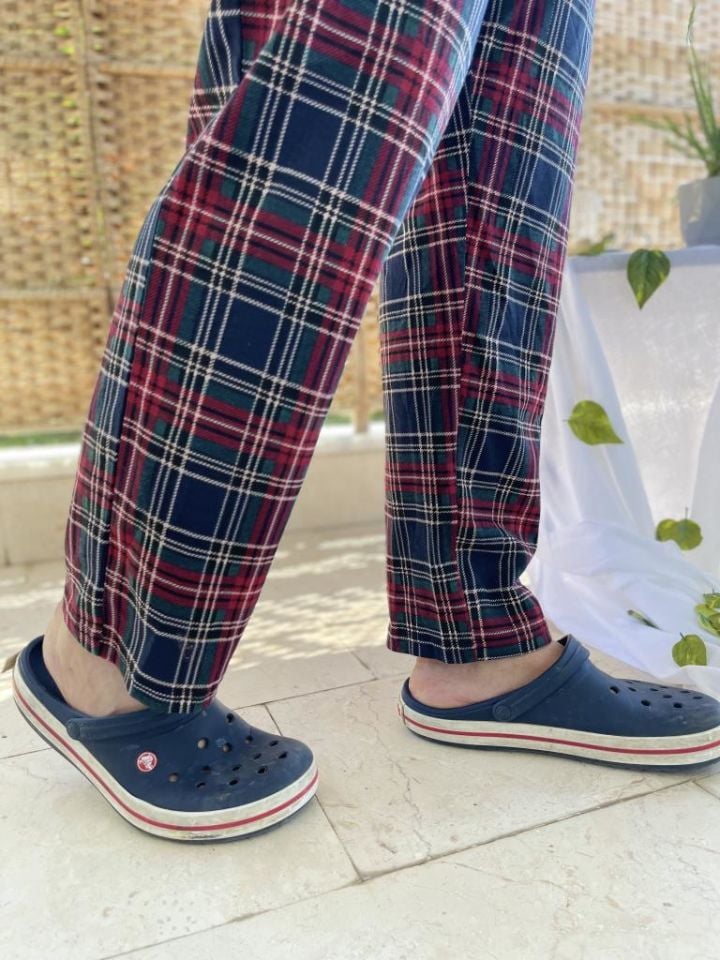 Betimoda %100 Pamuk Kareli Beli Lastikli Cepli Erkek Pijama Altı Bordo Kareli - S