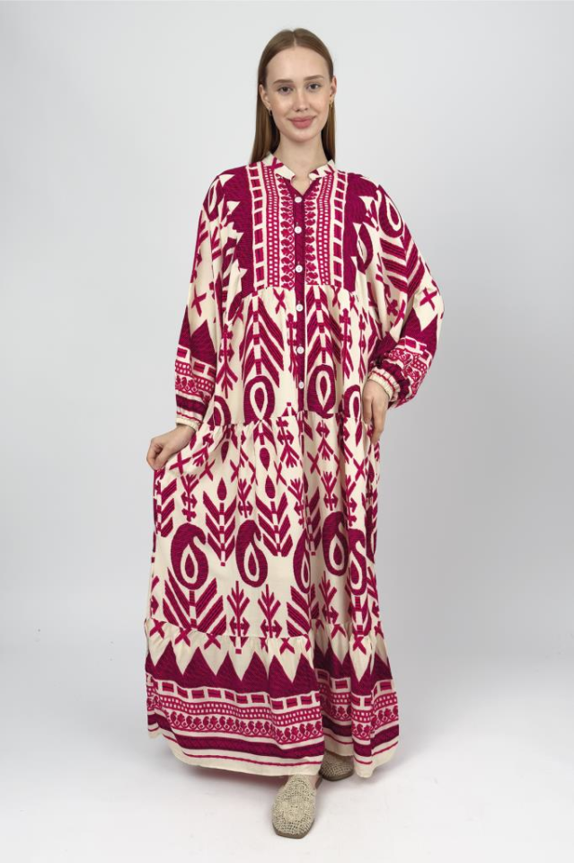 Kadın Pamuklu Desenli Uzun Elbise Pembe - L