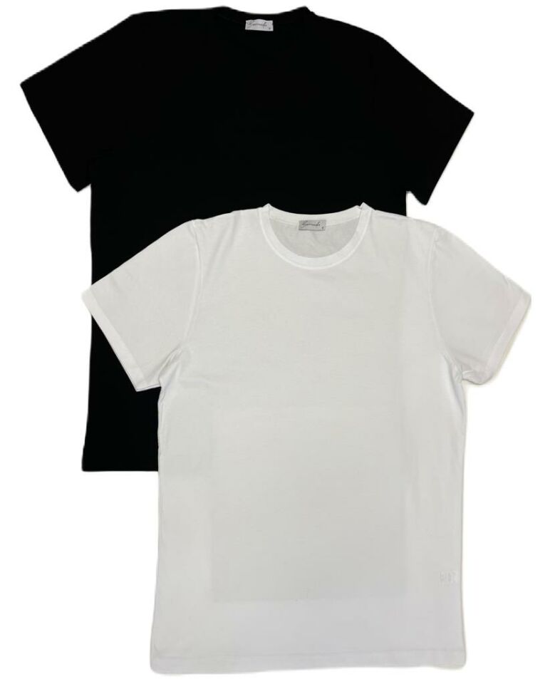 Erkek Slim Fit Dar Kesim Bisiklet Yaka Kısa Kol Pamuklu 2'li Tişört Paketi Siyah Beyaz - XXL