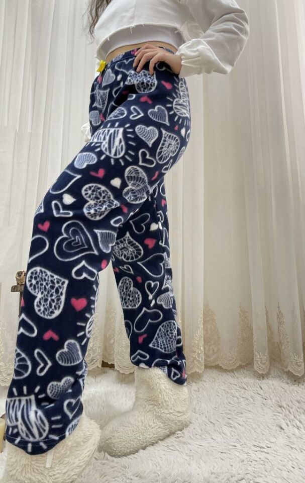 Kadın Polar Pijama Altı Kışlık Lastikli Bel Tek Alt Beyaz Büyük Kalpli - XL