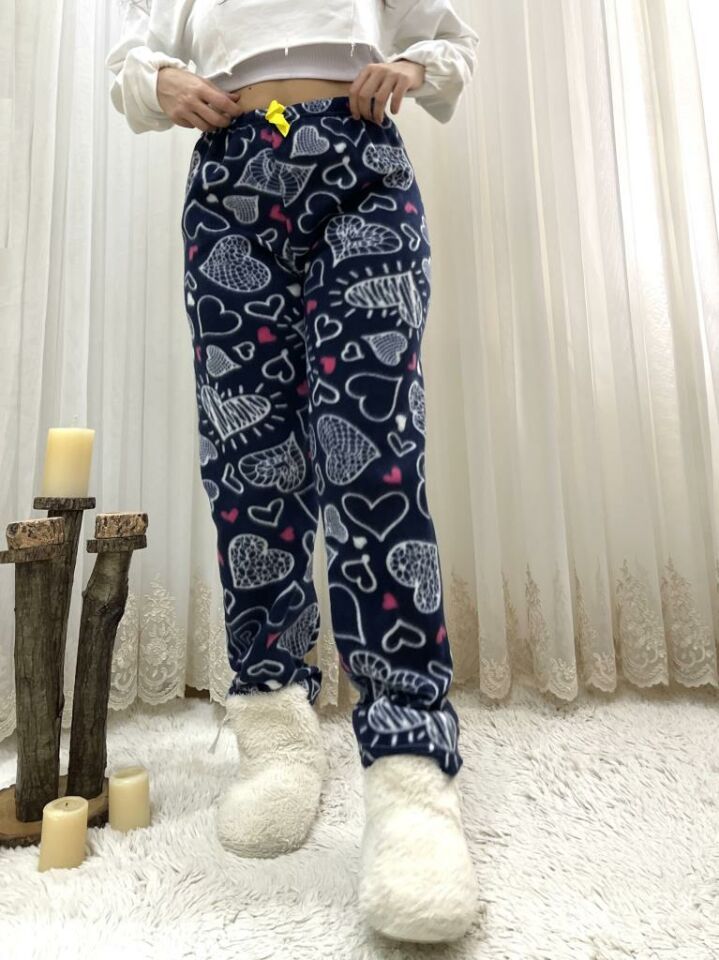 Kadın Polar Pijama Altı Kışlık Lastikli Bel Tek Alt Beyaz Büyük Kalpli - XL