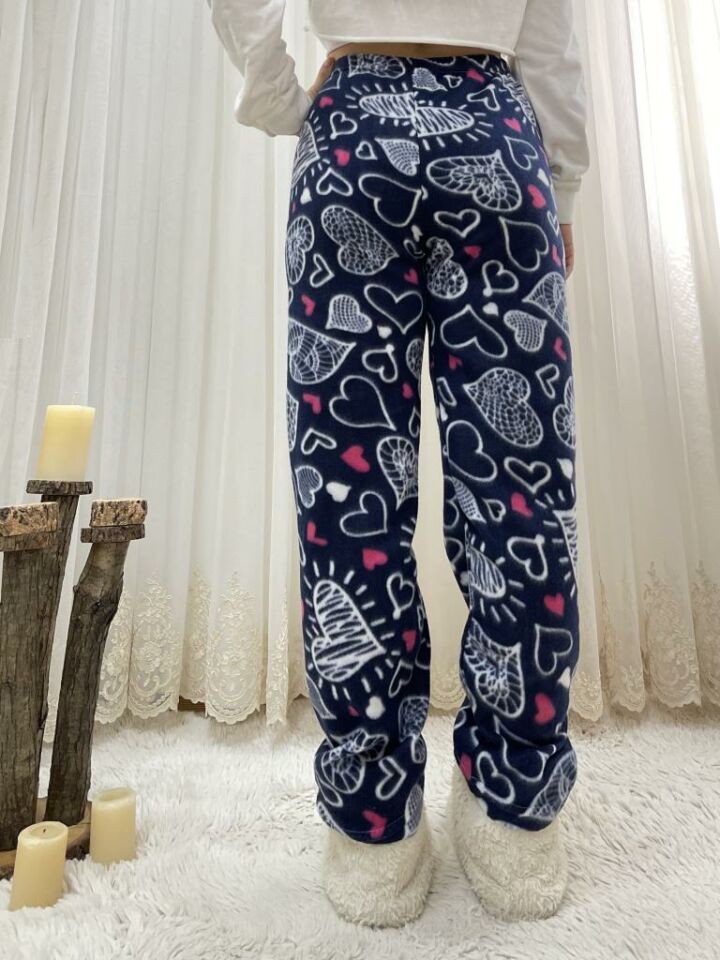 Kadın Polar Pijama Altı Kışlık Lastikli Bel Tek Alt Beyaz Büyük Kalpli - XL