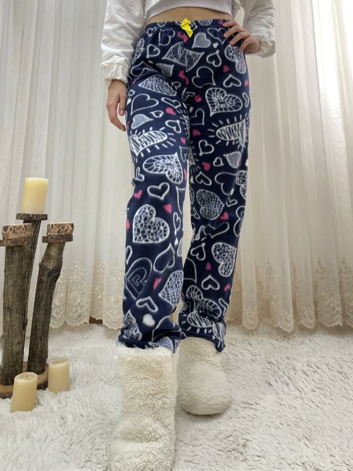 Kadın Polar Pijama Altı Kışlık Lastikli Bel Tek Alt Beyaz Büyük Kalpli - XL