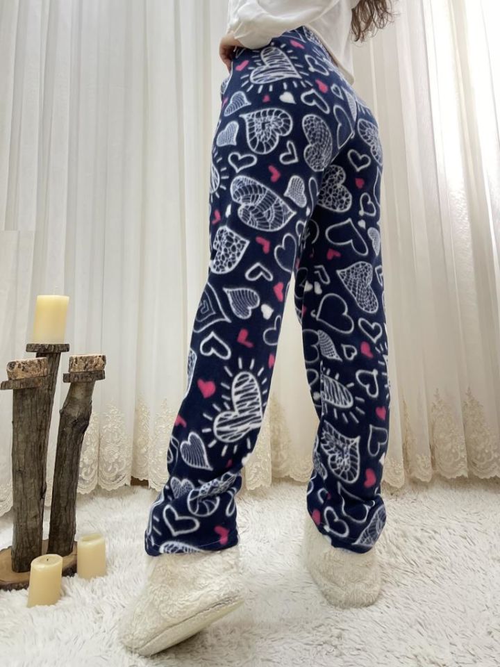 Kadın Polar Pijama Altı Kışlık Lastikli Bel Tek Alt Beyaz Büyük Kalpli - XXL