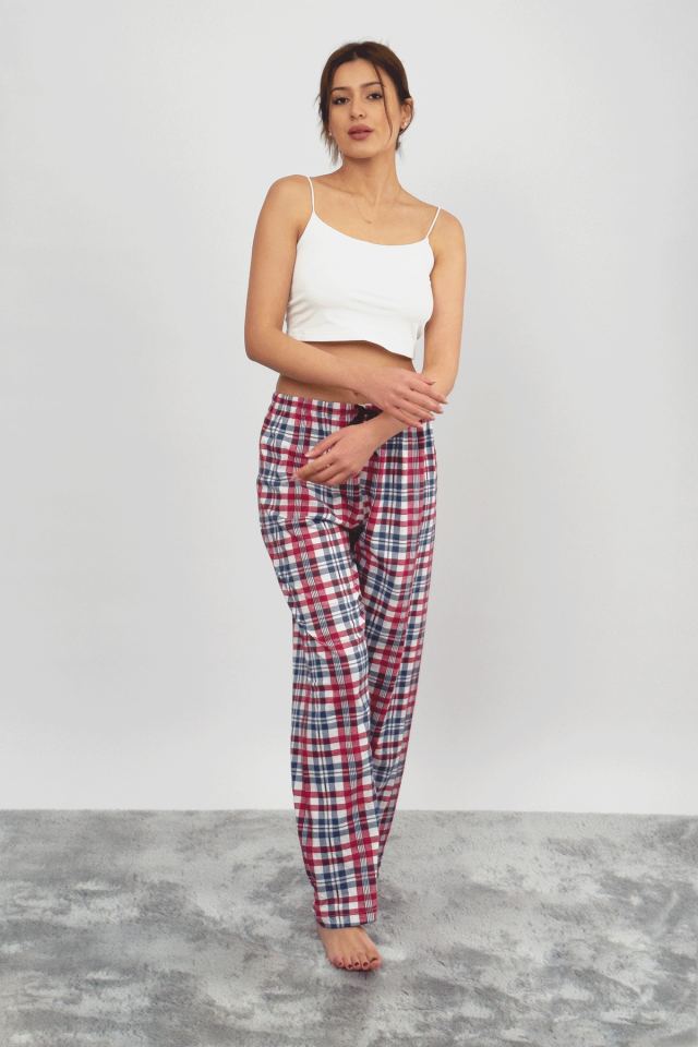 Kadın Pamuklu Ekose Desenli Pijama Altı Eşofman Kurdeleli XL - Beyaz Kare