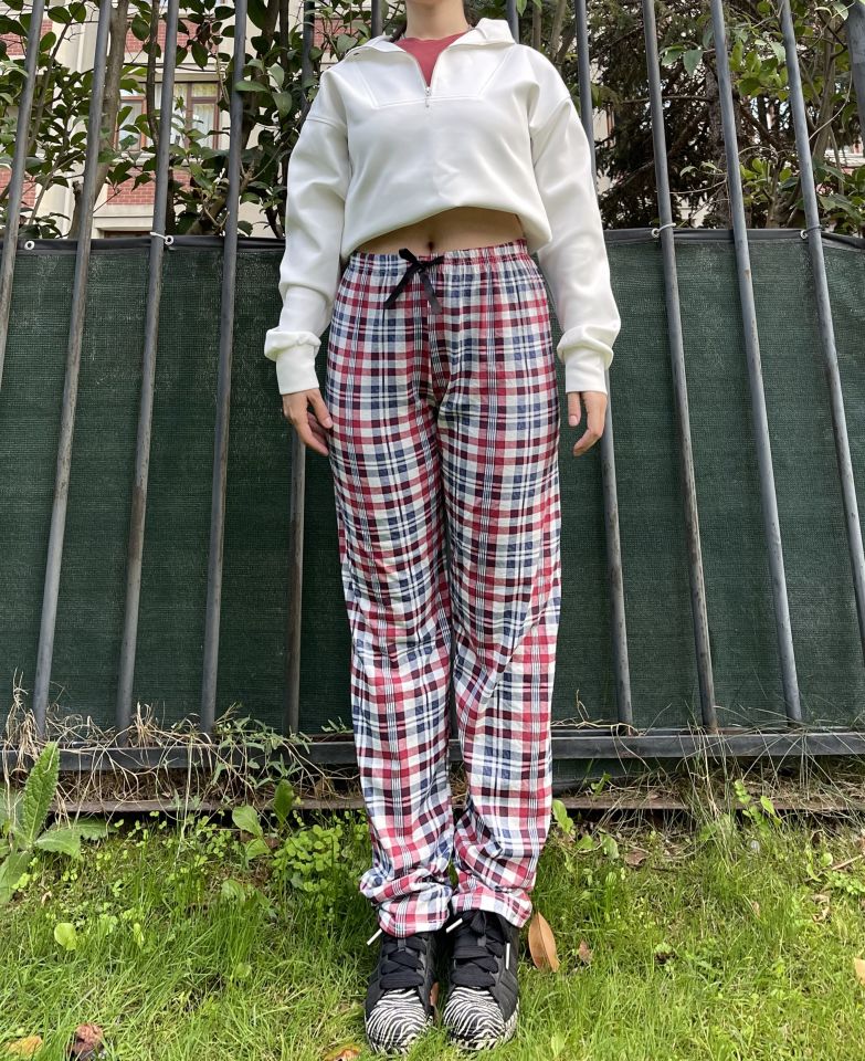 Kadın Pamuklu Ekose Desenli Pijama Altı Eşofman Kurdeleli XXL - Beyaz Kare