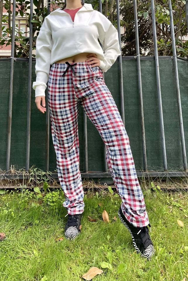 Kadın Pamuklu Ekose Desenli Pijama Altı Eşofman Kurdeleli XXL - Beyaz Kare