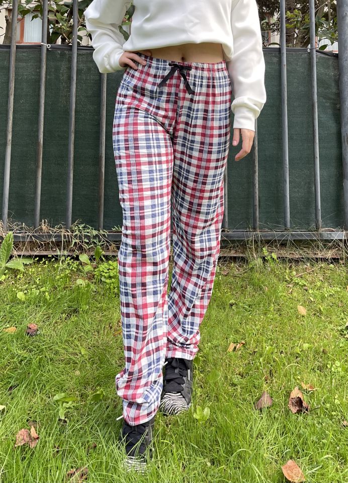 Kadın Pamuklu Ekose Desenli Pijama Altı Eşofman Kurdeleli XXL - Beyaz Kare