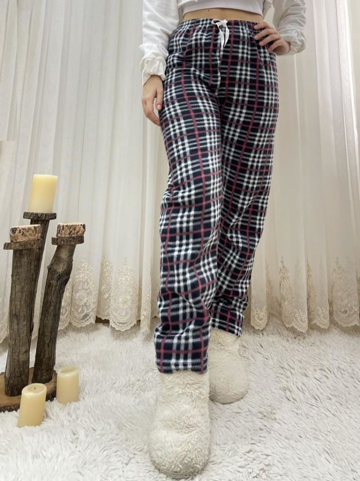 Kadın Polar Pijama Altı Kışlık Lastikli Bel Tek Alt Siyah Gül Kurusu Ekoseli - M