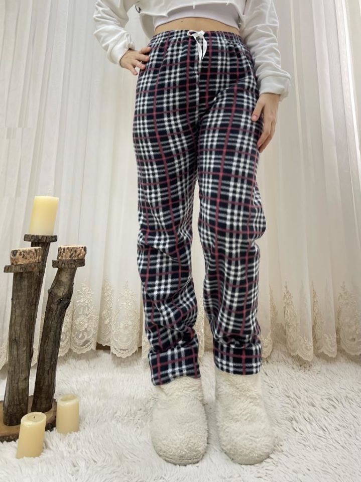 Kadın Polar Pijama Altı Kışlık Lastikli Bel Tek Alt Siyah Gül Kurusu Ekoseli - M