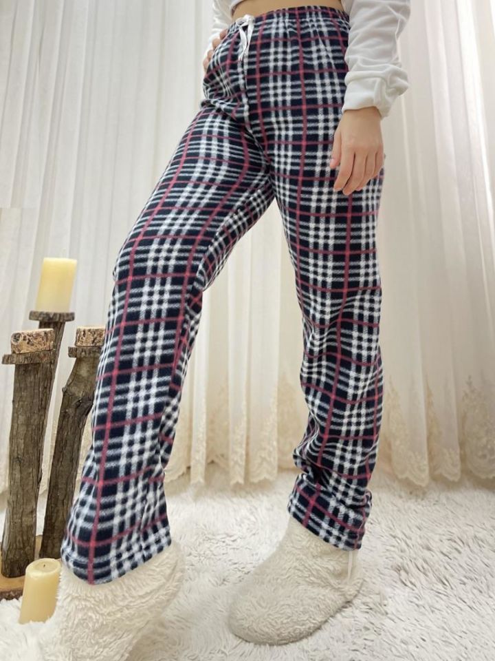 Kadın Polar Pijama Altı Kışlık Lastikli Bel Tek Alt Siyah Gül Kurusu Ekoseli - M