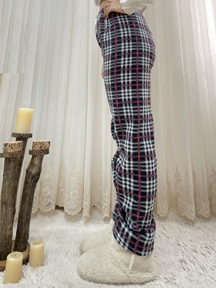 Kadın Polar Pijama Altı Kışlık Lastikli Bel Tek Alt Siyah Gül Kurusu Ekoseli - M
