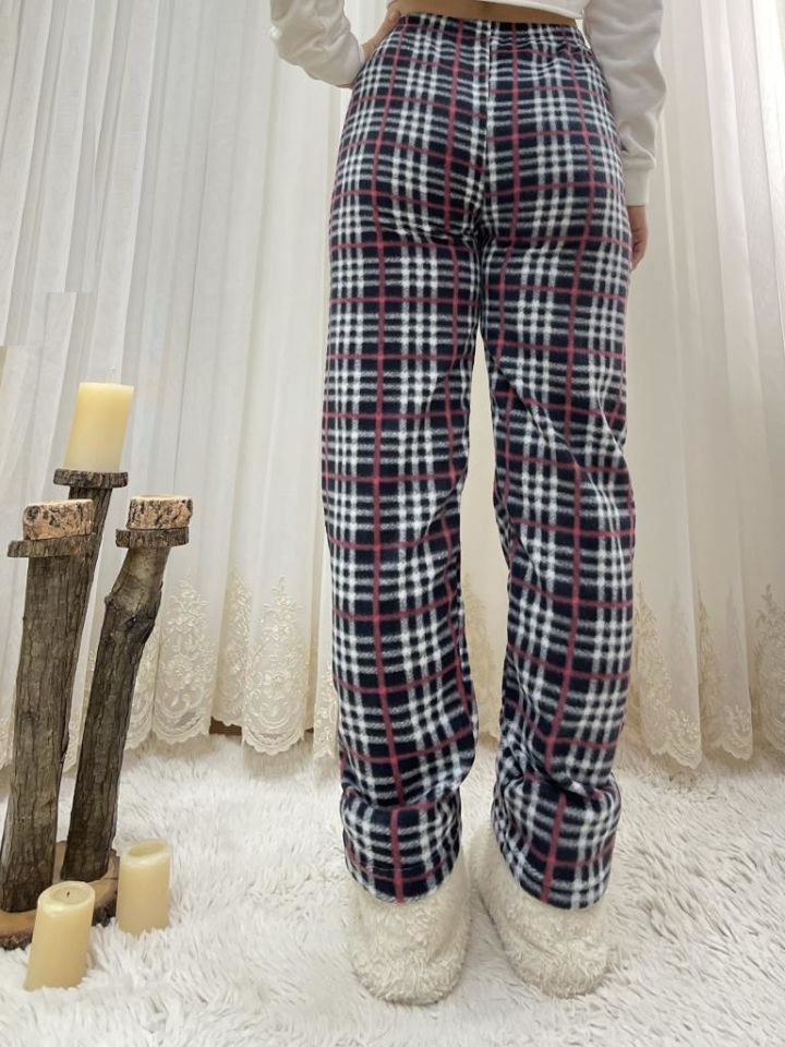 Kadın Polar Pijama Altı Kışlık Lastikli Bel Tek Alt Siyah Gül Kurusu Ekoseli - M