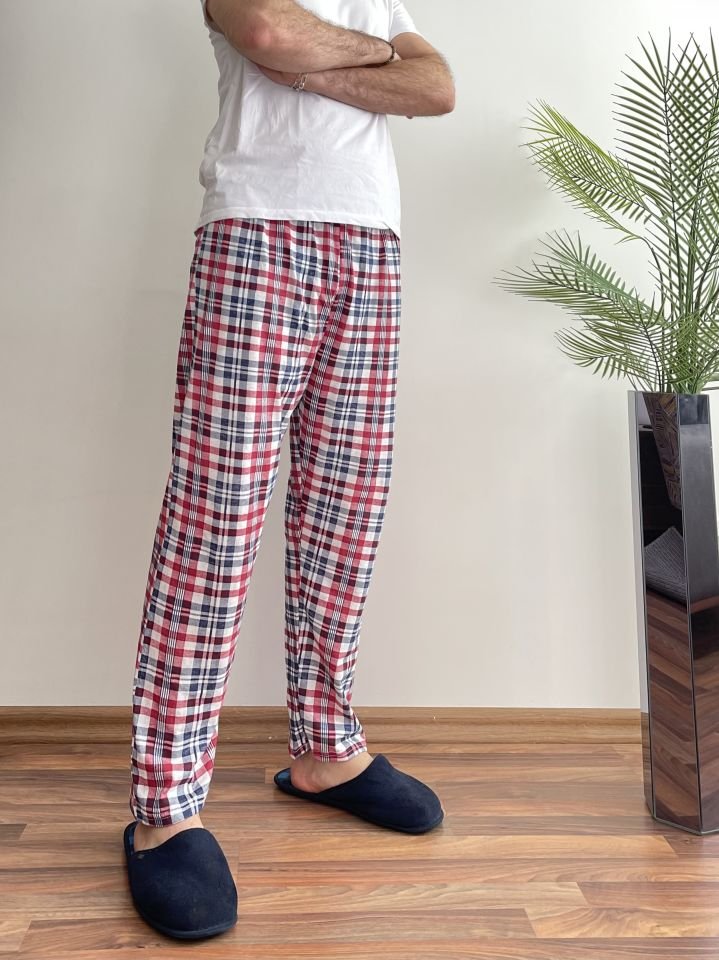 Erkek %100 Pamuk Cepsiz Beli Lastikli Pijama Altı Eşofman M - Beyaz Kare