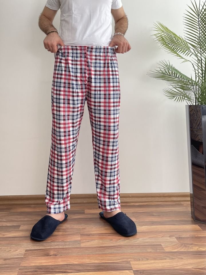 Erkek %100 Pamuk Cepsiz Beli Lastikli Pijama Altı Eşofman M - Beyaz Kare