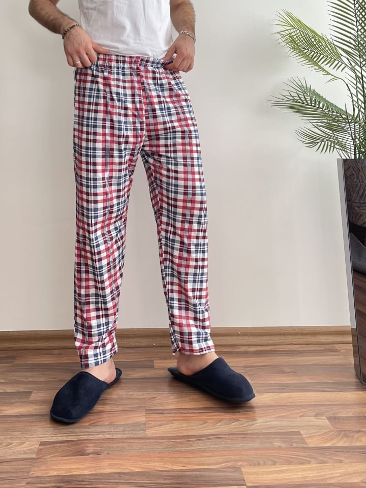 Erkek %100 Pamuk Cepsiz Beli Lastikli Pijama Altı Eşofman M - Beyaz Kare