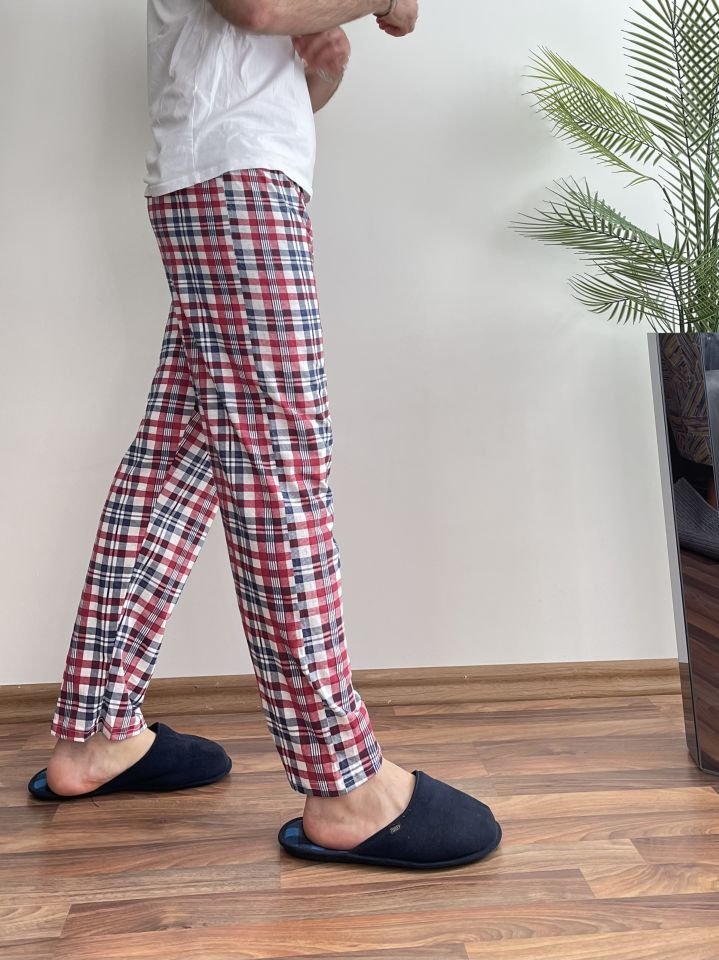 Erkek %100 Pamuk Cepsiz Beli Lastikli Pijama Altı Eşofman M - Beyaz Kare