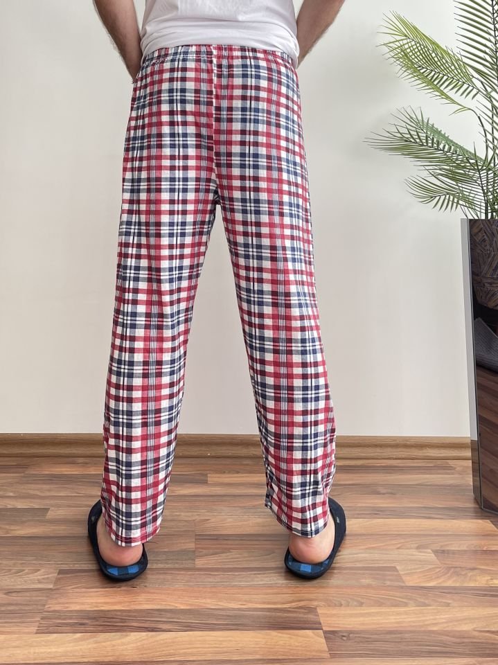 Erkek %100 Pamuk Cepsiz Beli Lastikli Pijama Altı Eşofman M - Beyaz Kare