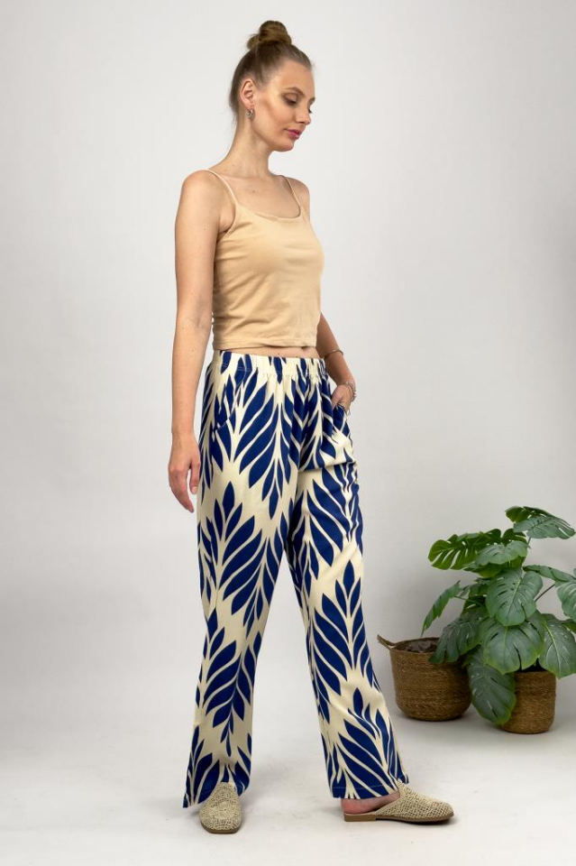 Kadın Dokuma Viskon Desenli Cepli Bol Kesim Oversize Palazzo Pantolon MAVİ - L