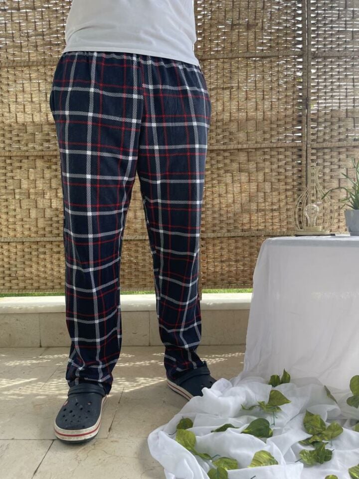 Betimoda %100 Pamuk Kareli Beli Lastikli Cepli Erkek Pijama Altı Lacivert Kareli - M