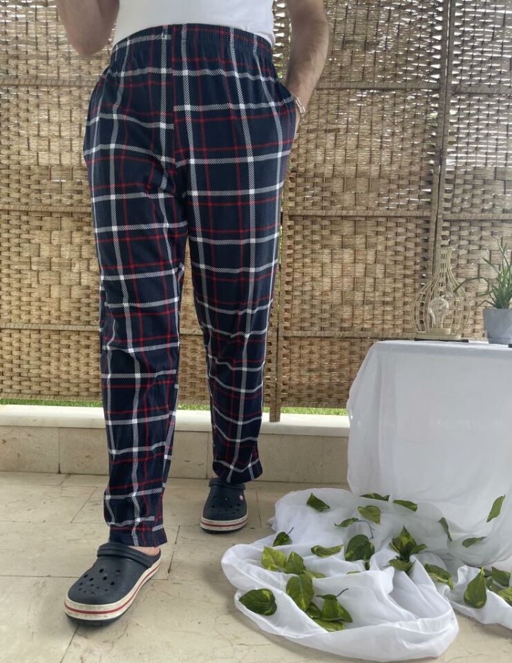 Betimoda %100 Pamuk Kareli Beli Lastikli Cepli Erkek Pijama Altı Lacivert Kareli - M