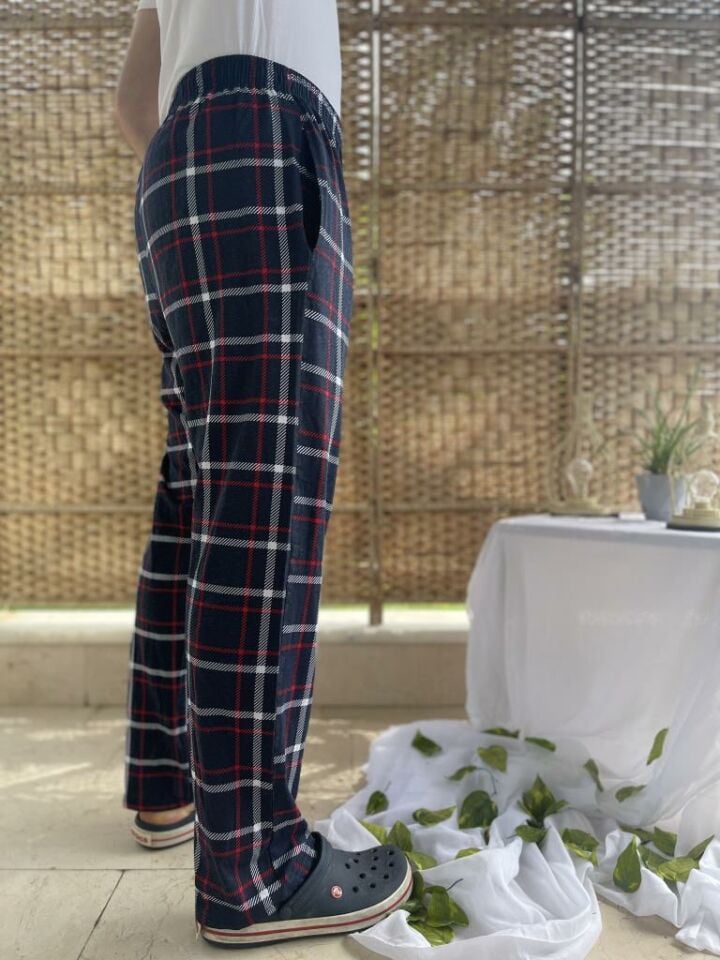 Betimoda %100 Pamuk Kareli Beli Lastikli Cepli Erkek Pijama Altı Lacivert Kareli - M