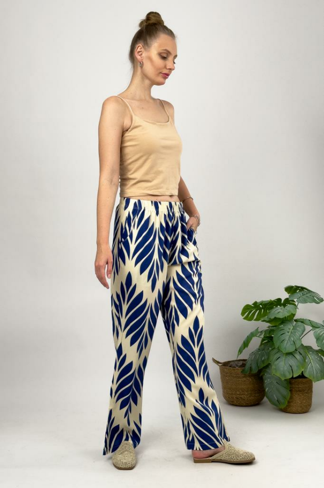 Kadın Dokuma Viskon Desenli Cepli Bol Kesim Oversize Palazzo Pantolon MAVİ - 2XL