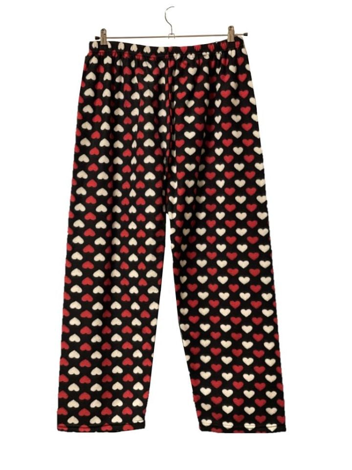 Kadın Polar Pijama Altı Kışlık Lastikli Bel Tek Alt Kırmızı Beyaz Kalpli - 3XL