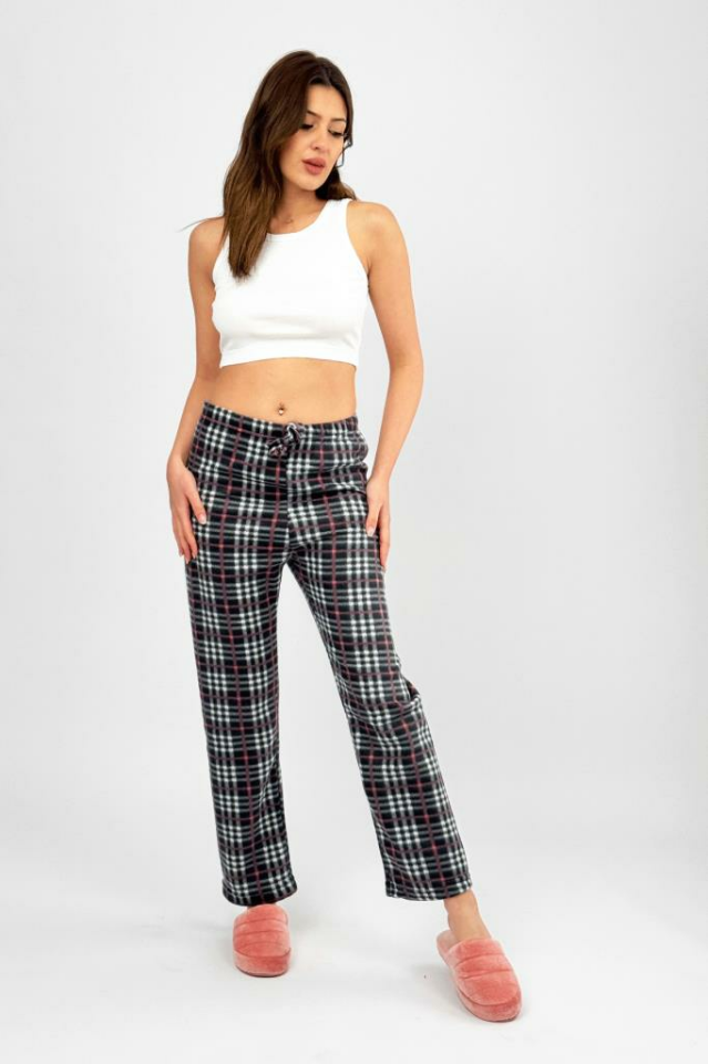 Kadın Polar Pijama Altı Kışlık Lastikli Bel Tek Alt Siyah Gül Kurusu Ekoseli - 3XL