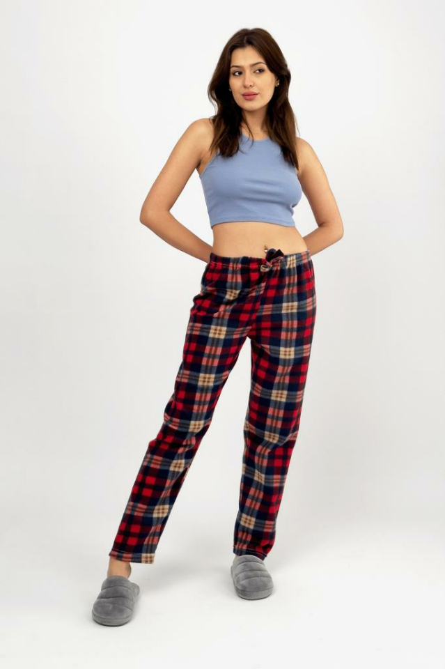 Kadın Polar Pijama Altı Kışlık Lastikli Bel Tek Alt Lacivert Kırmızı Ekose - XXL