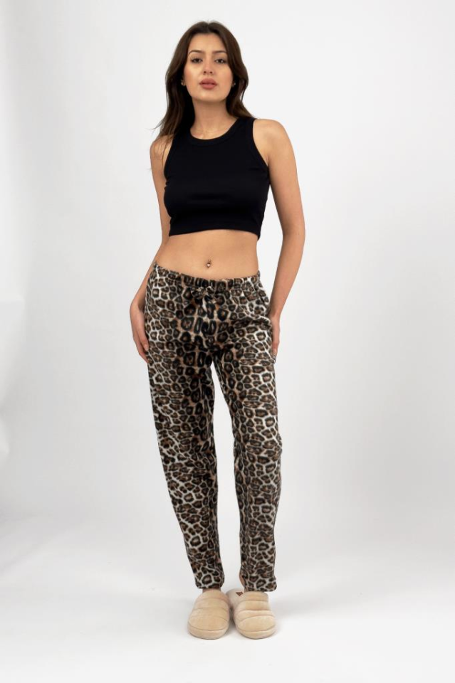 Kadın Polar Pijama Altı Kışlık Lastikli Bel Tek Alt Leopar - 3XL