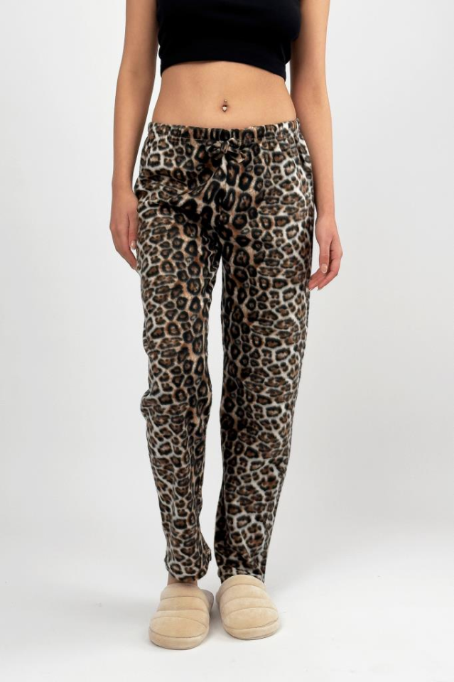 Kadın Polar Pijama Altı Kışlık Lastikli Bel Tek Alt Leopar - 3XL