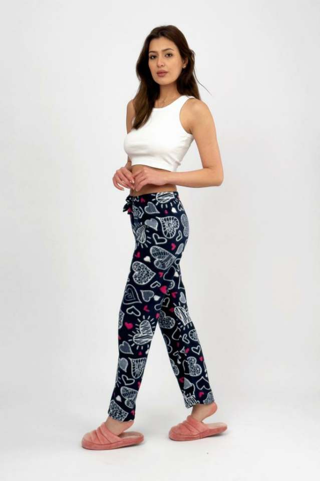 Kadın Polar Pijama Altı Kışlık Lastikli Bel Tek Alt Beyaz Büyük Kalpli - XL