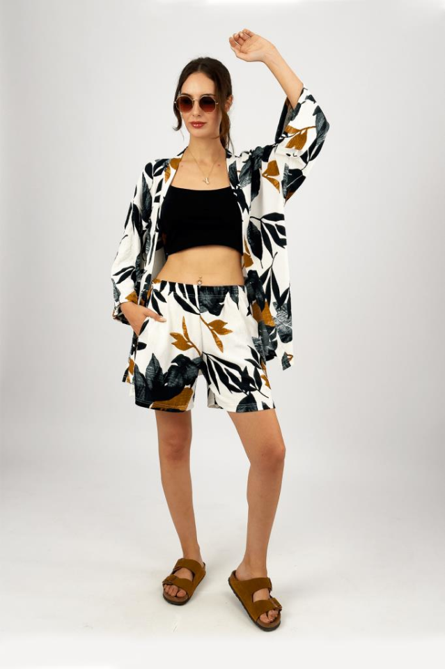 Kadın Likralı Bürümcük Kumaş Salaş Bol Şort Yazlık 2li Alt-Üst Takım SİYAH - L