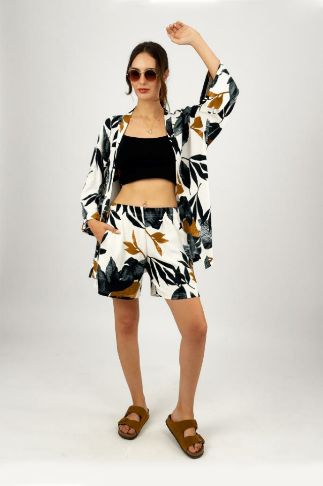 Kadın Likralı Bürümcük Kumaş Salaş Bol Şort Yazlık 2li Alt-Üst Takım SİYAH - XL