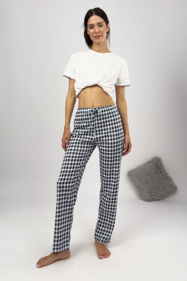 Betimoda Kadın Pijama Altı Kurdeleli Lacivert Beyaz Kare - 3XL