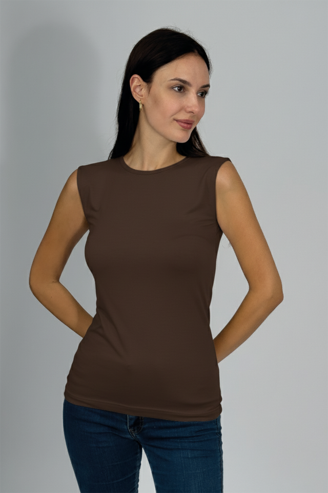 Kadın Sıfır Kol Bisiklet Yaka Body KAHVERENGİ - L/XL