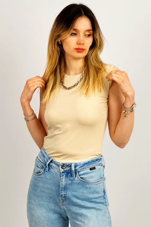 Kadın Sıfır Kol Bisiklet Yaka Body BEJ - S/M
