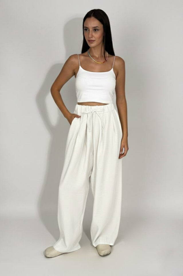 Kadın Dokuma Modal Beli Lastikli Geniş Paça Cepli İpli Palazzo Pantolon EKRU - M