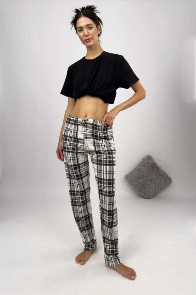 Betimoda Kadın Pijama Altı Kurdeleli Beyaz Siyah Kare - 2XL