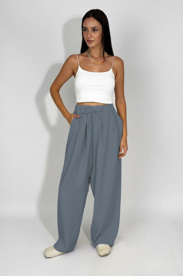 Kadın Dokuma Modal Beli Lastikli Geniş Paça Cepli İpli Palazzo Pantolon İndigo - S