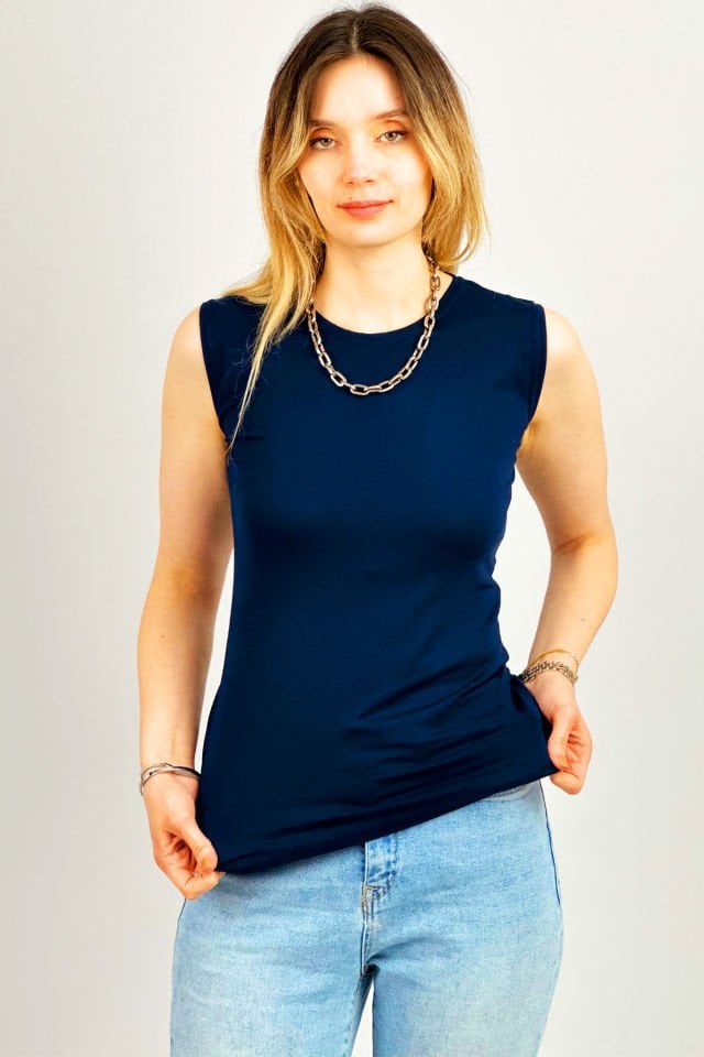 Kadın Sıfır Kol Bisiklet Yaka Body LACİVERT - L/XL